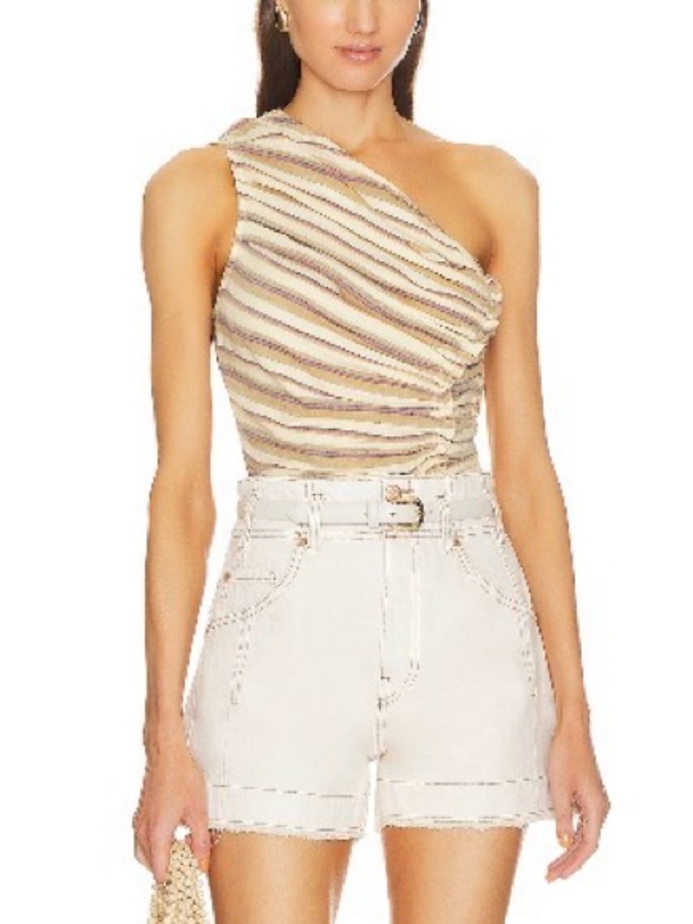 Ulla Johnson One-Shoulder Striped Cream and Taupe Top - Picture 3 of 7
